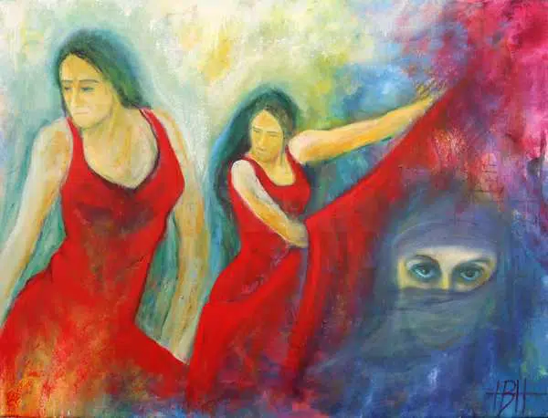 Maleri af kvinder. to i røde kjoler, en med slør