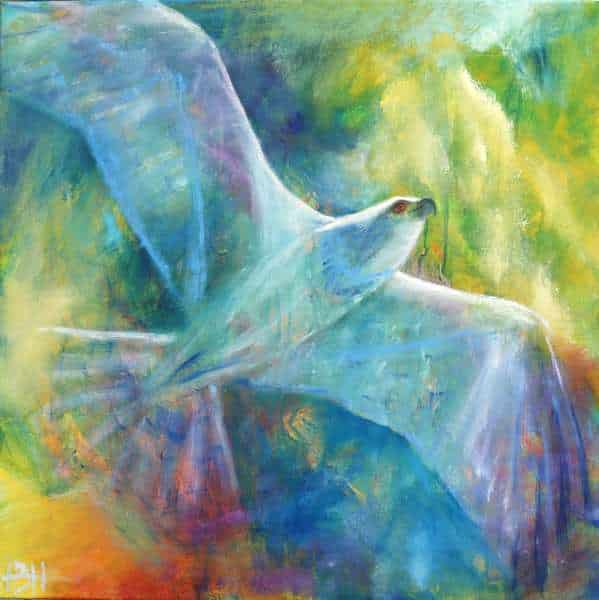 Maleri af ørn i lyse farver. Den flyver opad mod friheden