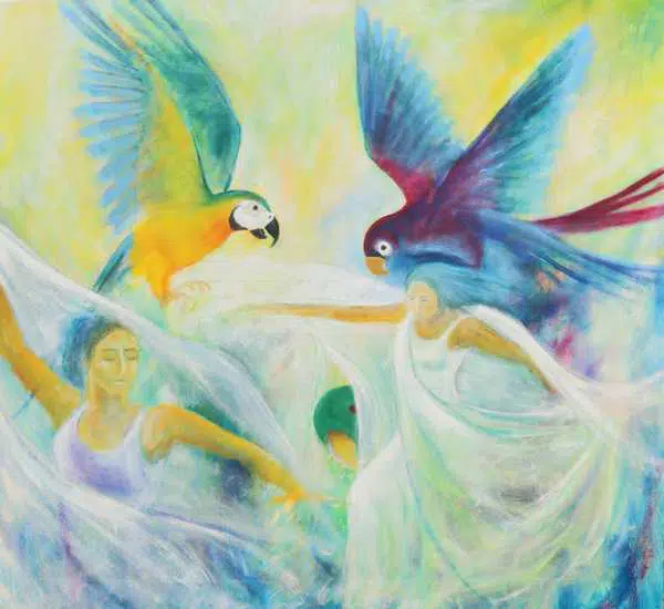 Maleri af flamencodansere i lyse kjoler og to papegøjer