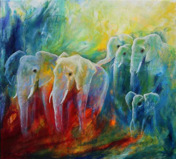 Oliemaleri af elefanter i røde, blå og gule farver