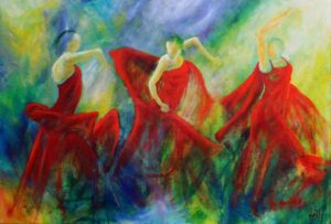 dansemalerier af flamencodansere i røde kjoler og blå og gule farver