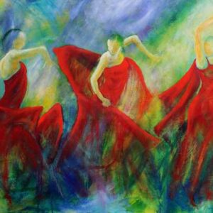 maleri af flamencodansere i røde kjoler og blå og gule farver