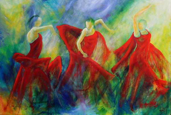 maleri af flamencodansere i røde kjoler og blå og gule farver. Farverige og flotte billeder