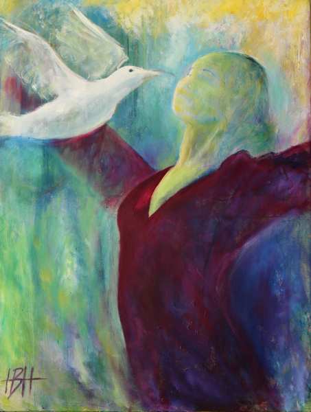 Bøn om fred - maleri afMaleri i violette farver af kvinde og fugl. Den hvide fugl flyver mod kvindens ansigt, og hun breder armene ud for at modtage den