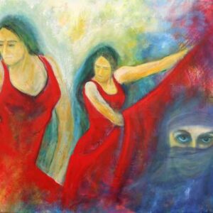 Maleri af kvinder. to i røde kjoler, en med slør