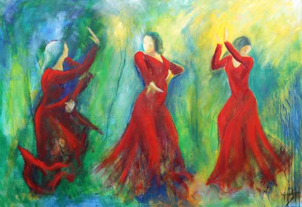maleri af tre dansere i røde kjoler