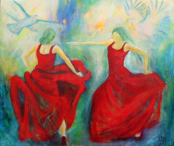 maleri af dansere - to flamencodansere i røde kjoler og to hvide fugle, der svæver over dem