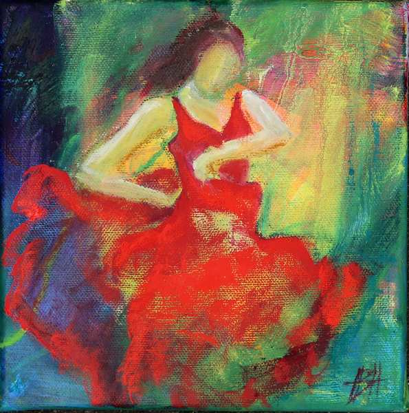Oliemaleri af flamencodanser i rød kjole