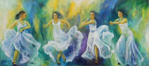 Maleri i olie af 4 flamencodansere i hvide kjoler
