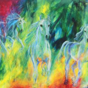 Maleri af 3 heste, der kommer løbende