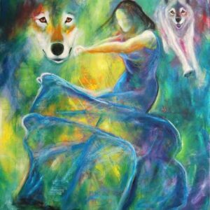 Maleri af ulve og en danser i blå kjole