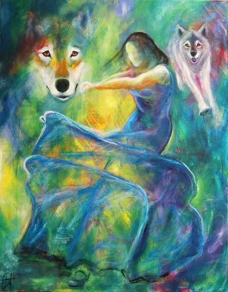 Spirituel kunst Maleri af ulve og en danser i blå kjole