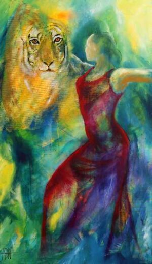 Maleri i ole med flamencodanser og tiger