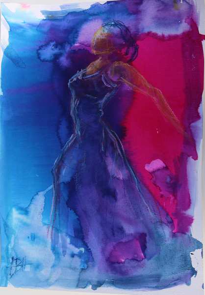 Blue dancer 1 Akvarel af flamencodanser i blå kjole