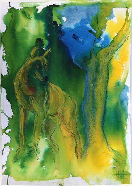 Akvarel i grønne farver af en ulv