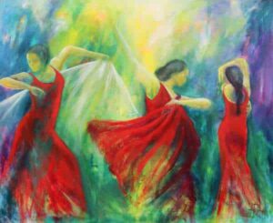 maleri af 3 flamencodansere i røde kjoler