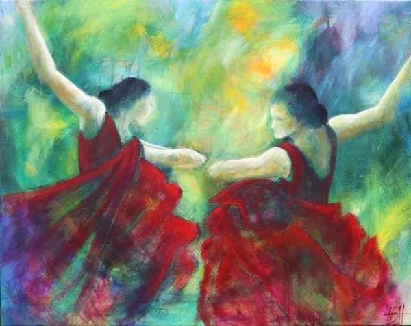 Maleri af to flamenco dansere i røde kjoler. De danser sammen eller det er den samme danser i to forskellige bevægelser