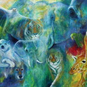 Dyr i kunsten Stort Maleri af vilde dyr, Elefant, tiger, giraf, papegøjer, isbjørn med unge, ulv