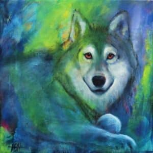 maleri af ulv i blå og grønne farver