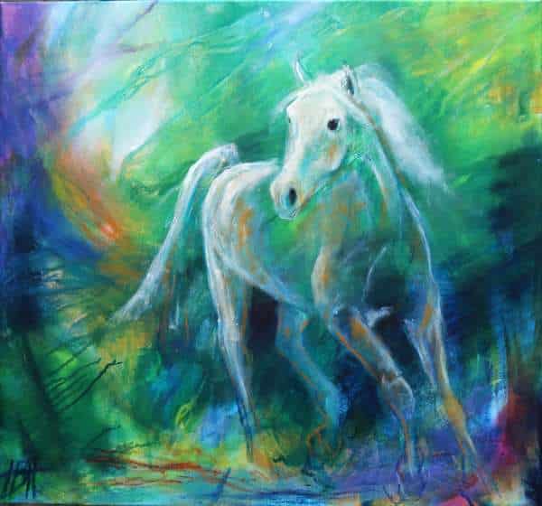 maleri af hest i grønne og blå farver