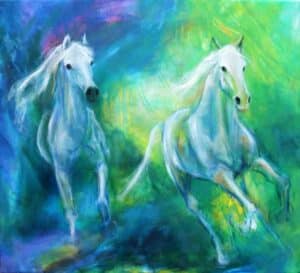 maleri af to heste i blå og grønne farver