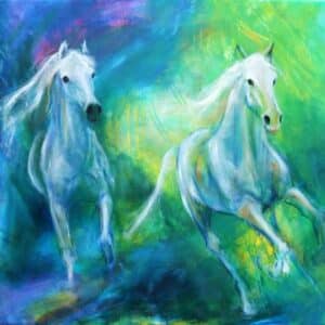 maleri af to heste i blå og grønne farver