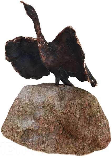 Fugle som bronze figur. Den sidder på en sten med vingerne bredt ud