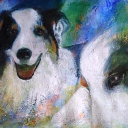 Dyreportræt hundeportræt af hunden Bossie med to forskellige udtryk på en blå og grøn baggrund