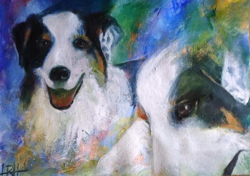 hundeportræt af hunden Bossie med to forskellige udtryk på en blå og grøn baggrund