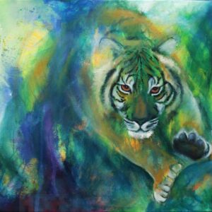 Maleri af tiger, der strækker poten frem