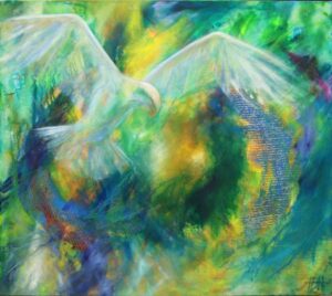 Originalt olie maleri af ørn med udbredte vinger på en abstrakt baggrund i blå, grønne og gule farver