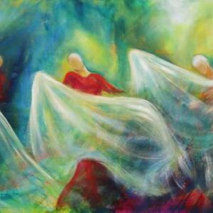 originalt oliemaleri af dansende kvinder med slør