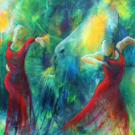 originalt oliemaleri af dansende kvinder i r&oslash;de kjoler p&aring; en abstrakt baggrund i bl&aring;, gr&oslash;nne og gule farver