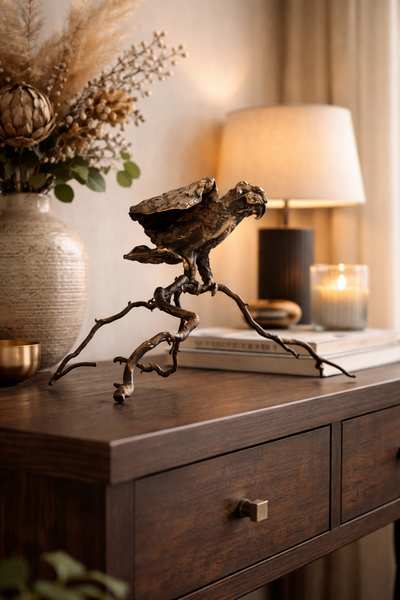 Ørn som bronzeskulptur på et bord i et klassisk hjem