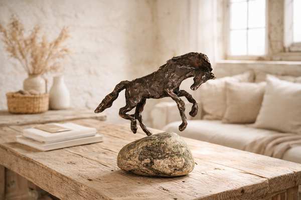 Bronzeskulptur af hest på rustikt sofabord i lyst nordisk hjem