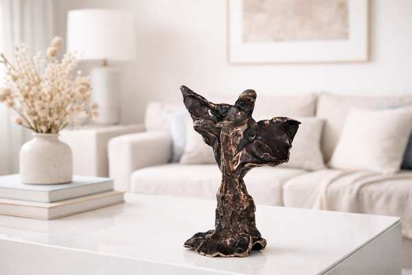 Fantasivæsen som bronzefigur på sofabordet i en moderne boligindretning