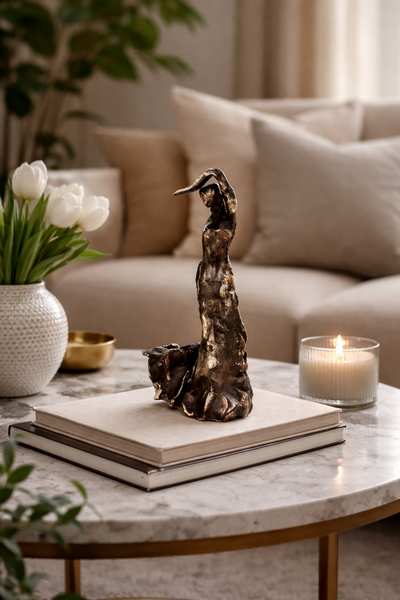 Bronzeskulptur af flamencodanser på sofabordet i et moderne hjem