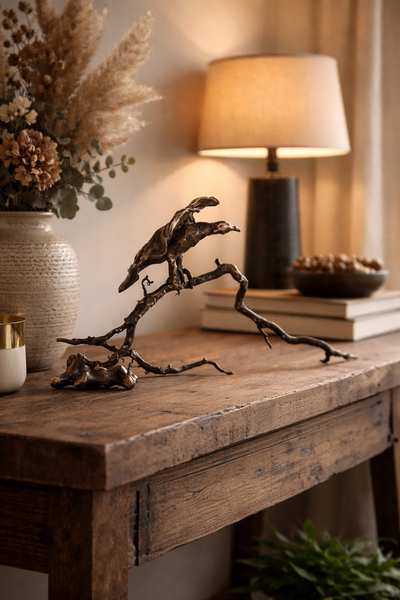Bronzefugl som skulptur stillet på et rustikt møbel