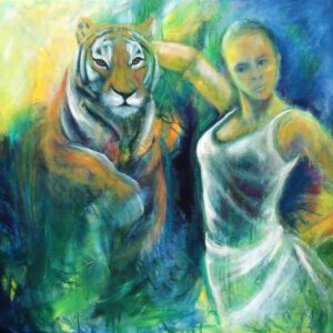 Maleri i olie af kvinde og tiger. Lyse farver på mørk baggrund