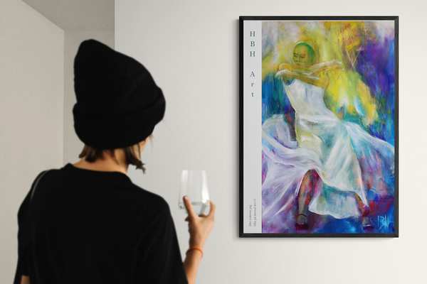 Indrammet plakat som kunsttryk af dansemaleri p&aring; v&aelig;ggen