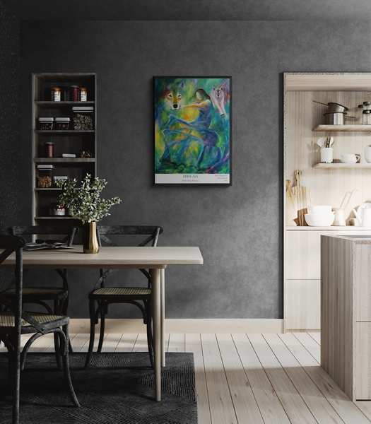 Indrammet plakat som kunsttryk af elefantmaleri i køkkenet
