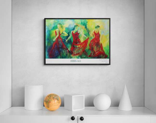 Flamencodanser som kunst plakat på væggen. Flamencodansere i røde kjoler