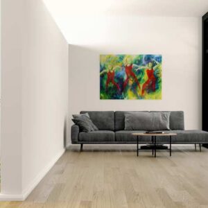 Stort farverigt maleri over sofaen i stuen