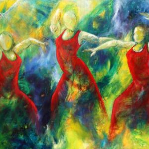 Oliemaleri af 3 flamencodansere og vilde dyr